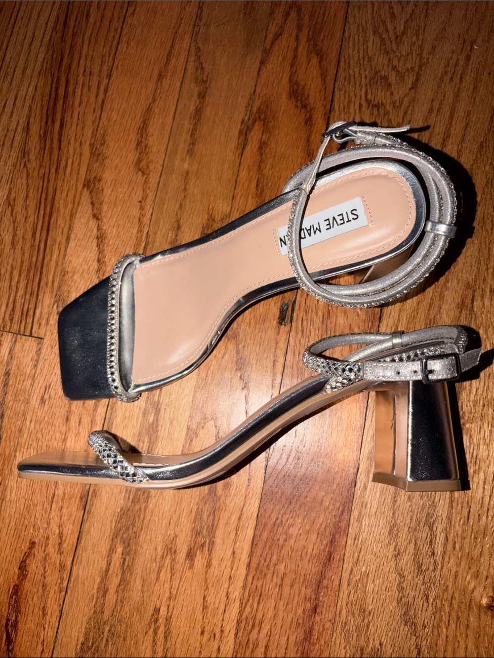 Steve Madden Silver Crystal Embellished Block Heel Sandals